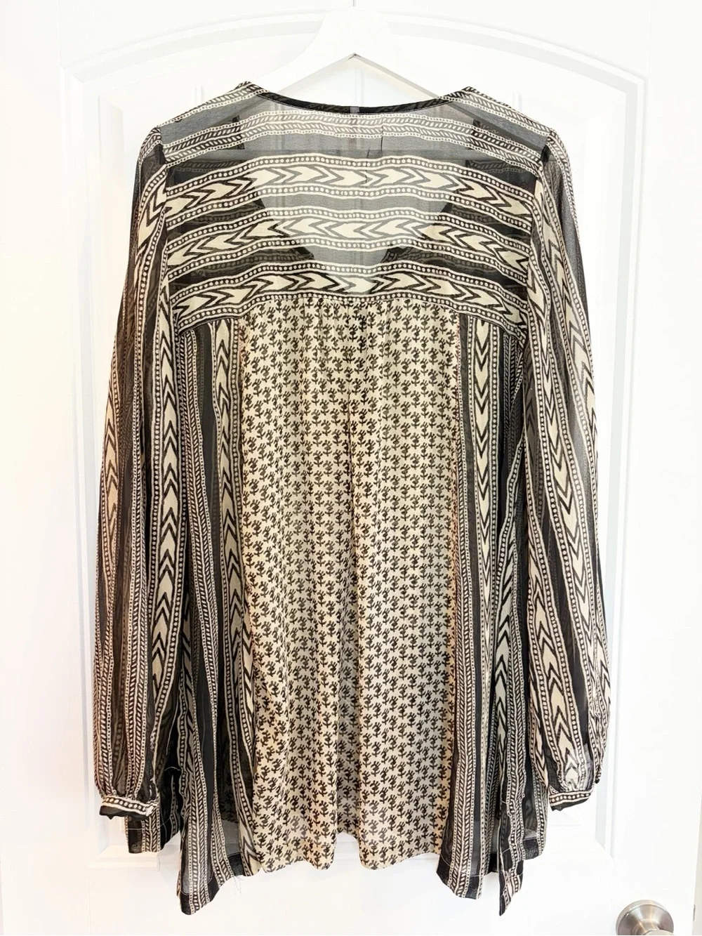Free People Printed Mix-Pattern Tunic Top in Black, Cream & Red Accents